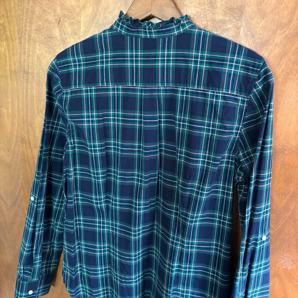Talbots Green Blue Plaid Button Down Blouse Top 12 Ruffle High Neck Modest Fall - Picture 4 of 15